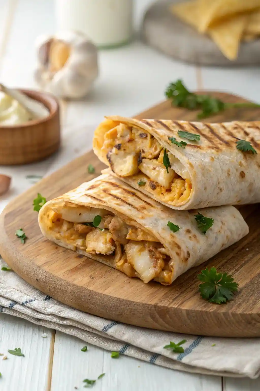 Close-up of a grilled cheesy garlic chicken wrap sliced in half, filled with melted cheese and chicken, on a wooden board