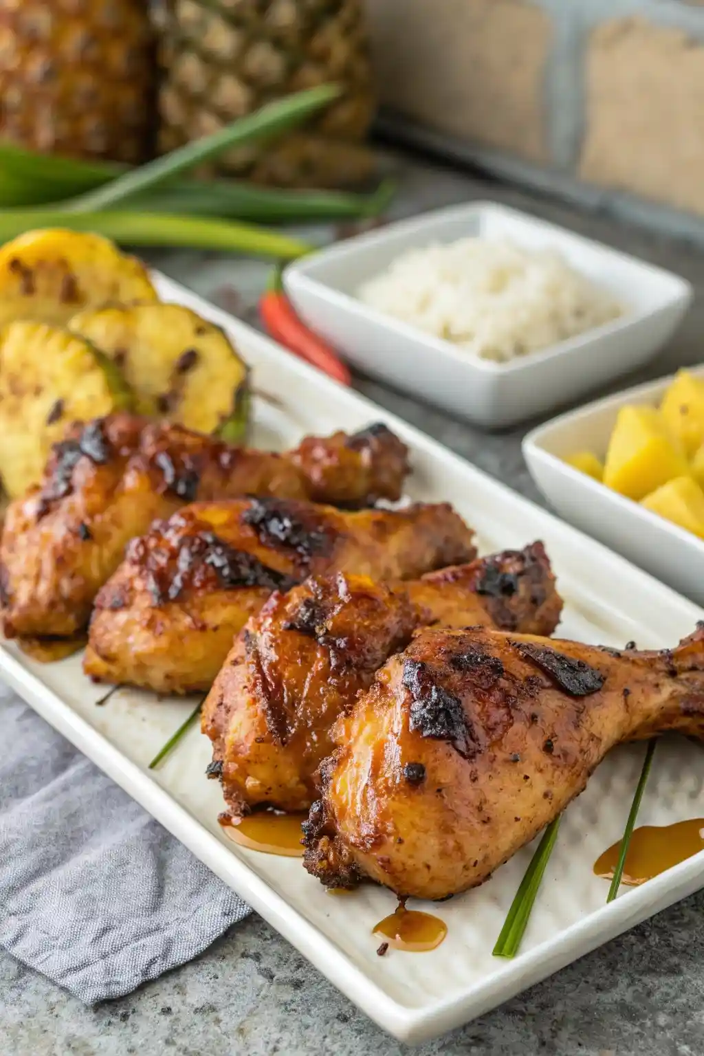 Juicy grilled huli huli chicken thighs and drumsticks on a platter, served with grilled pineapple, white rice, and fresh pineapple chunks.

