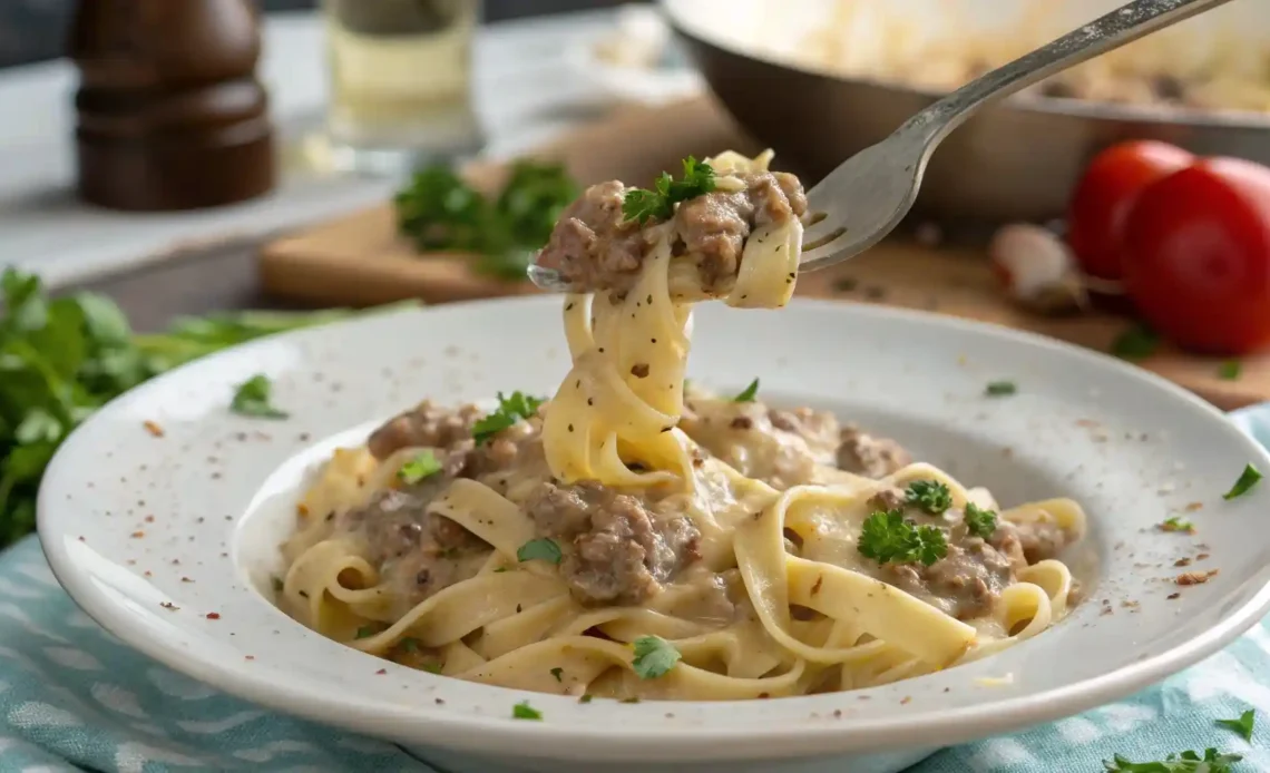 Fork lifting creamy ground beef stroganoff noodles from a white plate, surrounded by fresh herbs and kitchen ingredients in a homey setting.