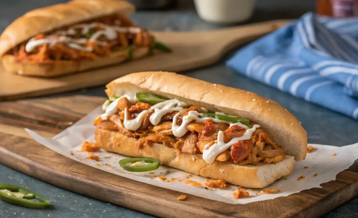 Buffalo chicken cheesesteak sandwich filled with saucy shredded chicken, green peppers, and melted cheese, served on parchment paper over a wooden board.