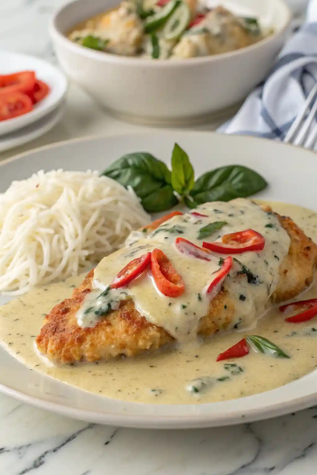 Breaded chicken breast topped with creamy basil sauce and red peppers, served with vermicelli noodles and fresh basil garnish on a white plate.


