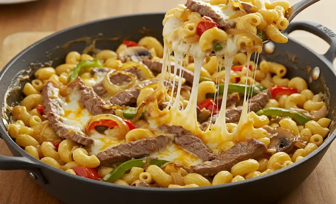 Skillet of Philly Cheesesteak Pasta with steak strips, peppers, onions, and macaroni, topped with melted cheese and cheese pulls from a spoon.