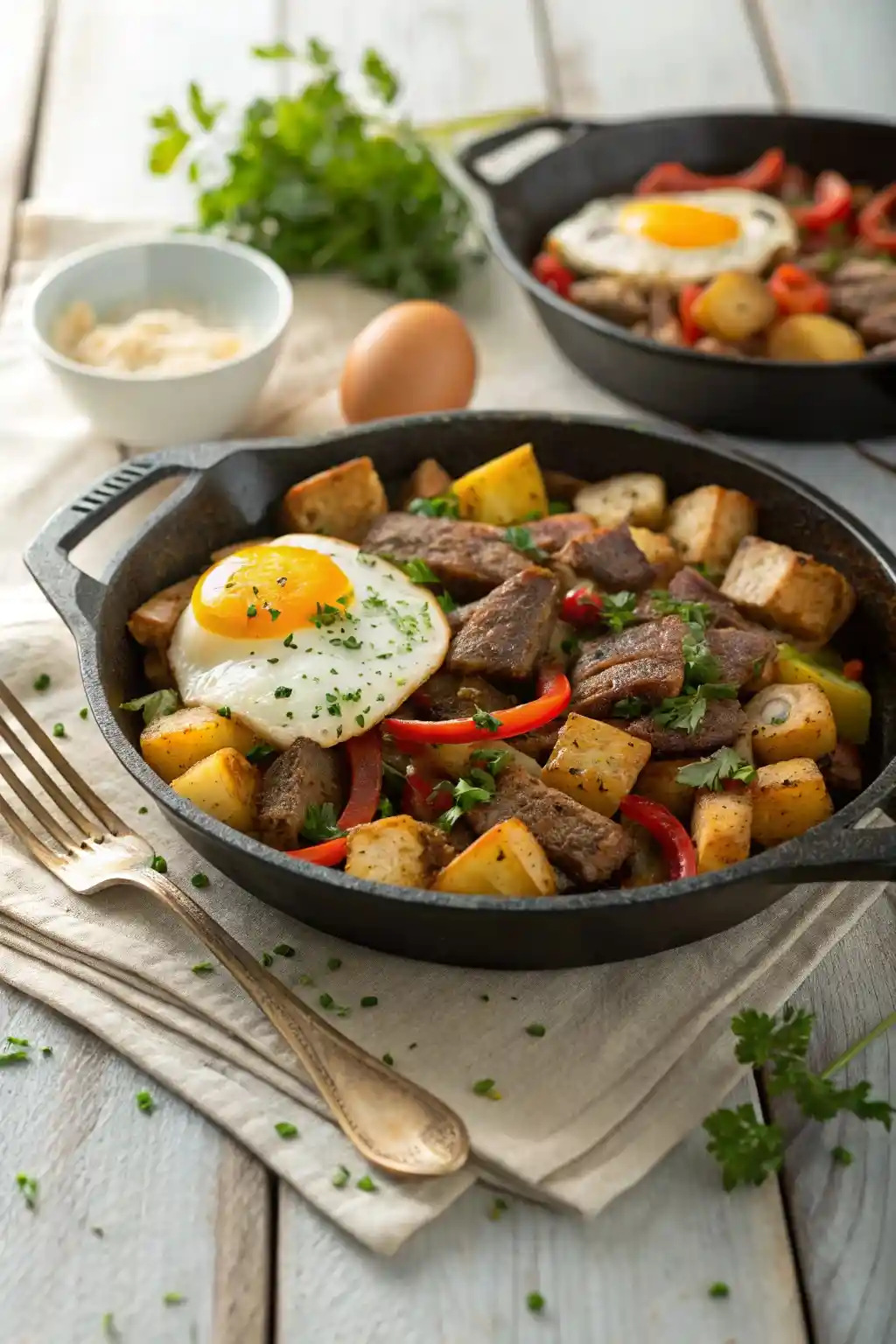 Close-up of steak potato and egg hash in a cast iron pan, topped with a sunny-side-up egg, surrounded by red bell pepper strips and golden-brown potatoes.