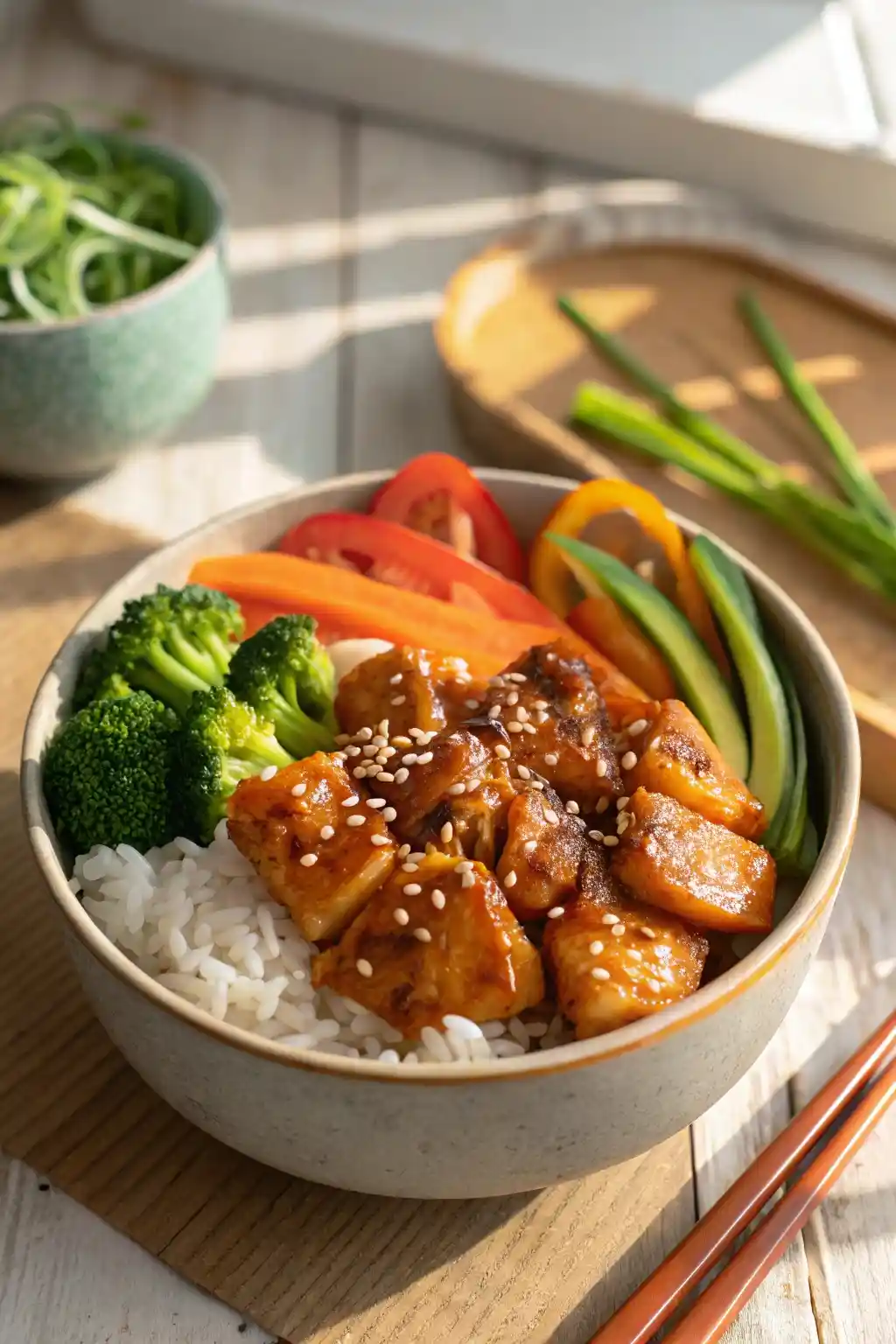 Bowl of teriyaki chicken served over white rice with steamed broccoli, sliced bell peppers, carrots, and cucumbers, garnished with sesame seeds.

