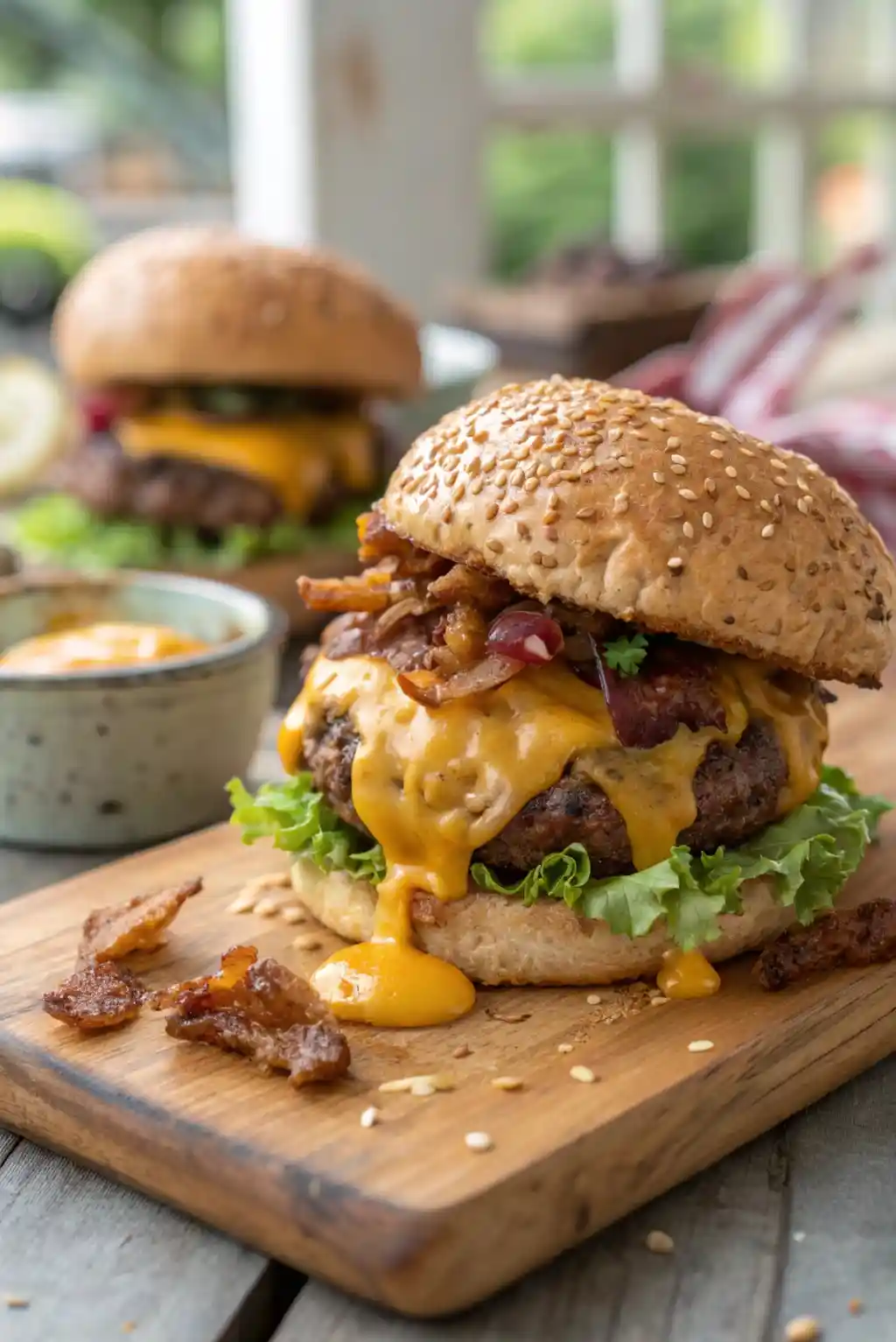 Stacked smash burger with seared beef patty, cheddar cheese, pickles, and grilled onions in a golden toasted bun on a wooden board.