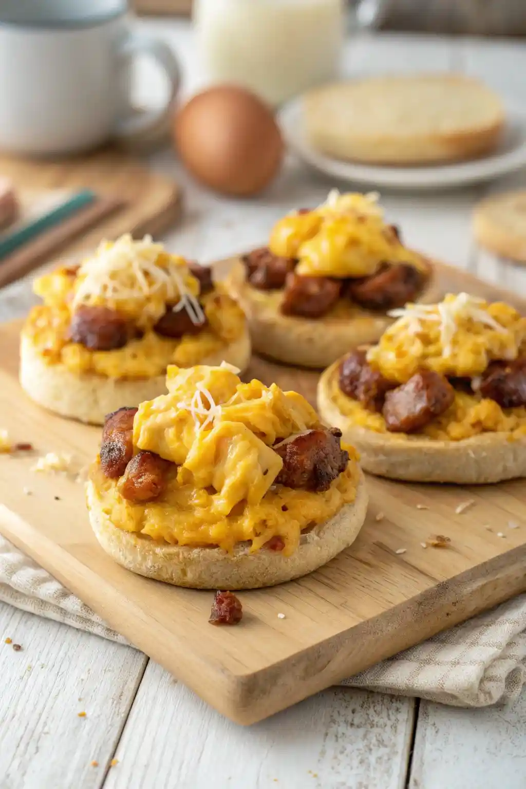 Golden breakfast pizza English muffins layered with scrambled eggs and sausage pieces, served on a wooden board with sliced pepperoni and a white coffee cup in the background.