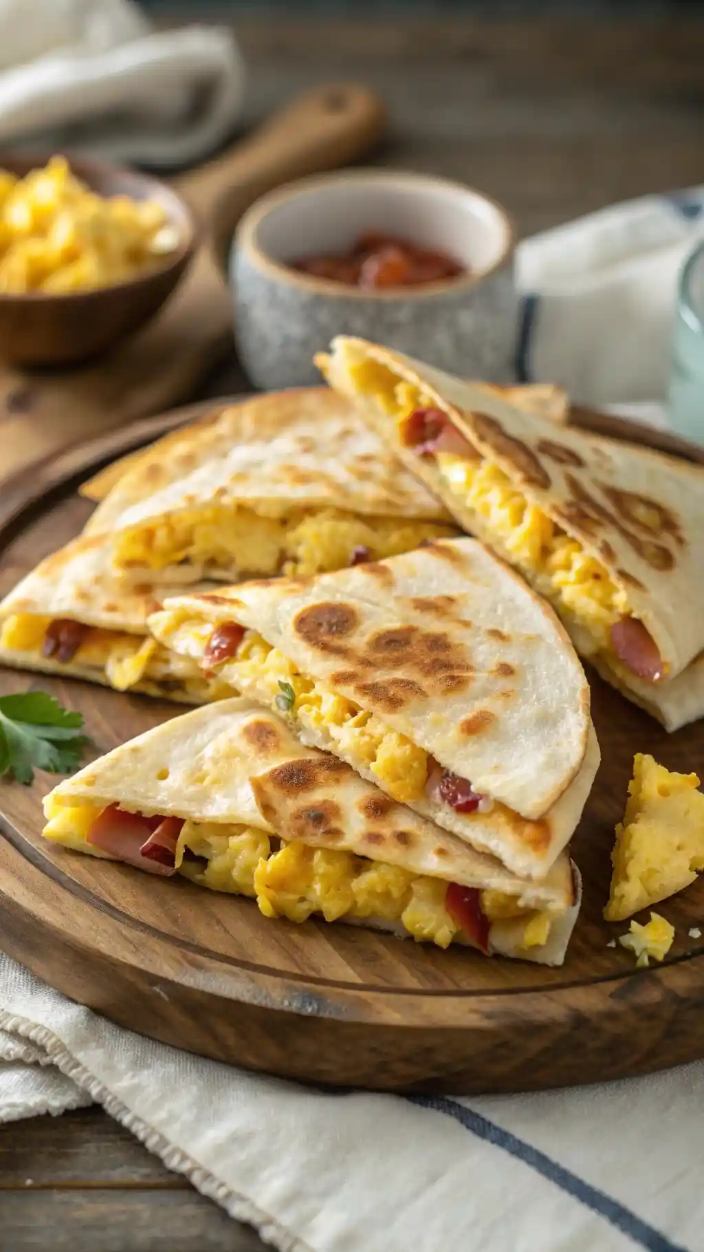 Crispy bacon egg cheese quesadillas cut into triangles on a wooden platter with melted cheese and scrambled eggs.

