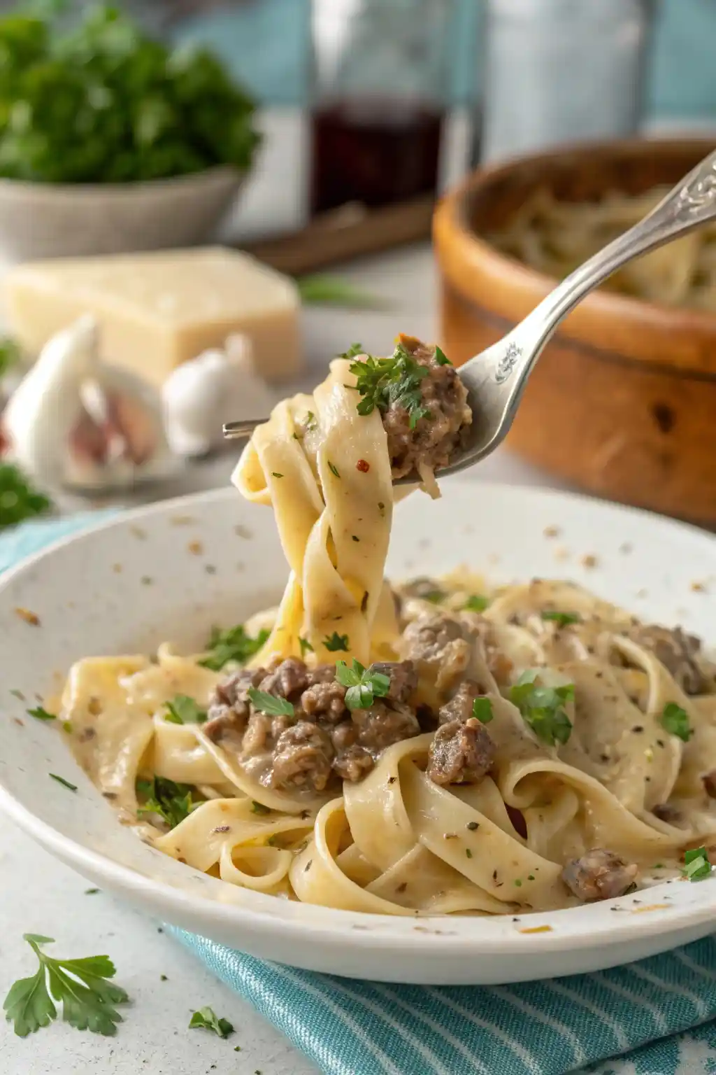 Close-up of fettuccine in a creamy stroganoff sauce with ground beef and parsley, fork lifting a bite in a cozy kitchen setting.