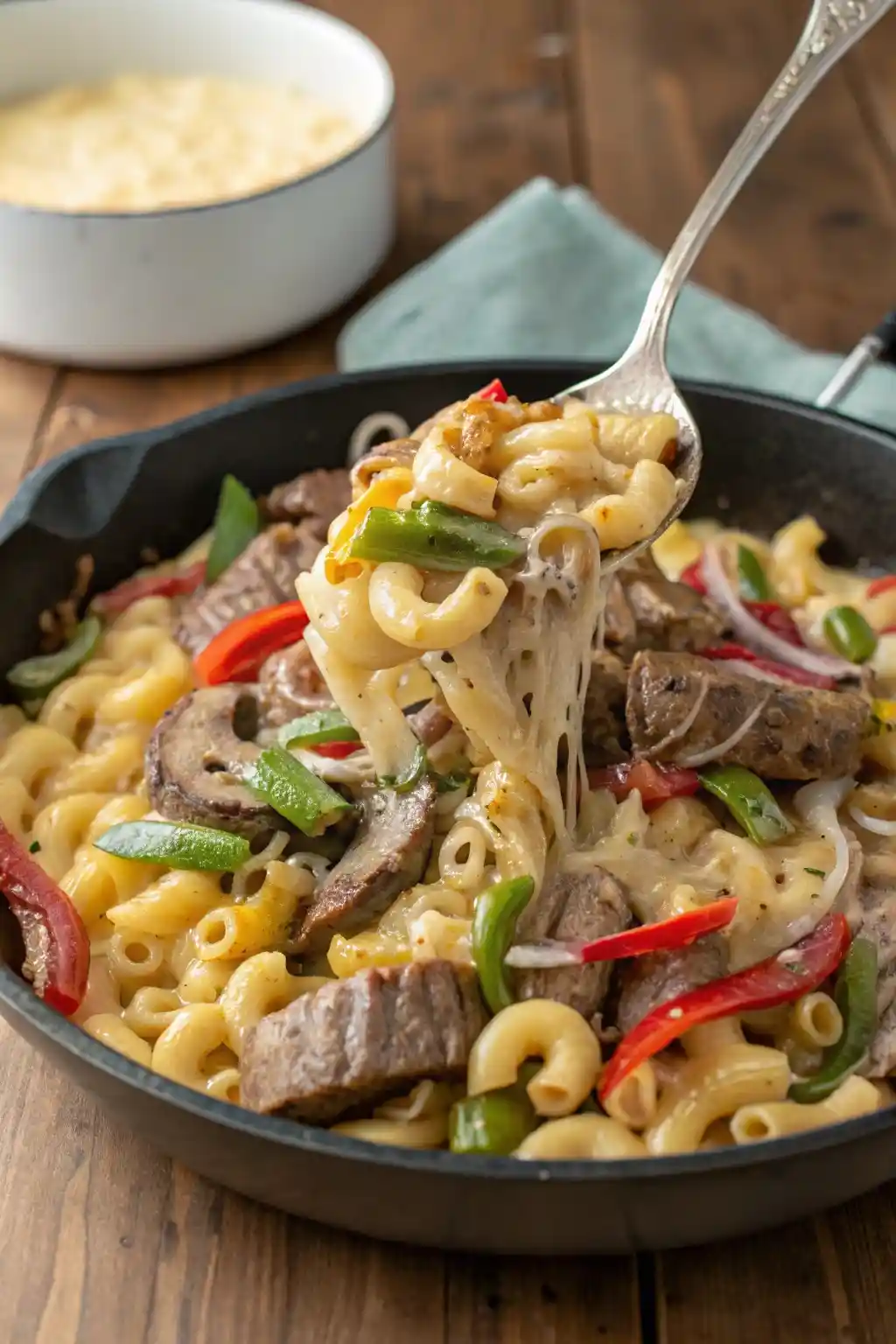 Close-up of cheesy Philly Cheesesteak Pasta in a cast iron skillet with sliced steak, bell peppers, and melted cheese being lifted with a fork.