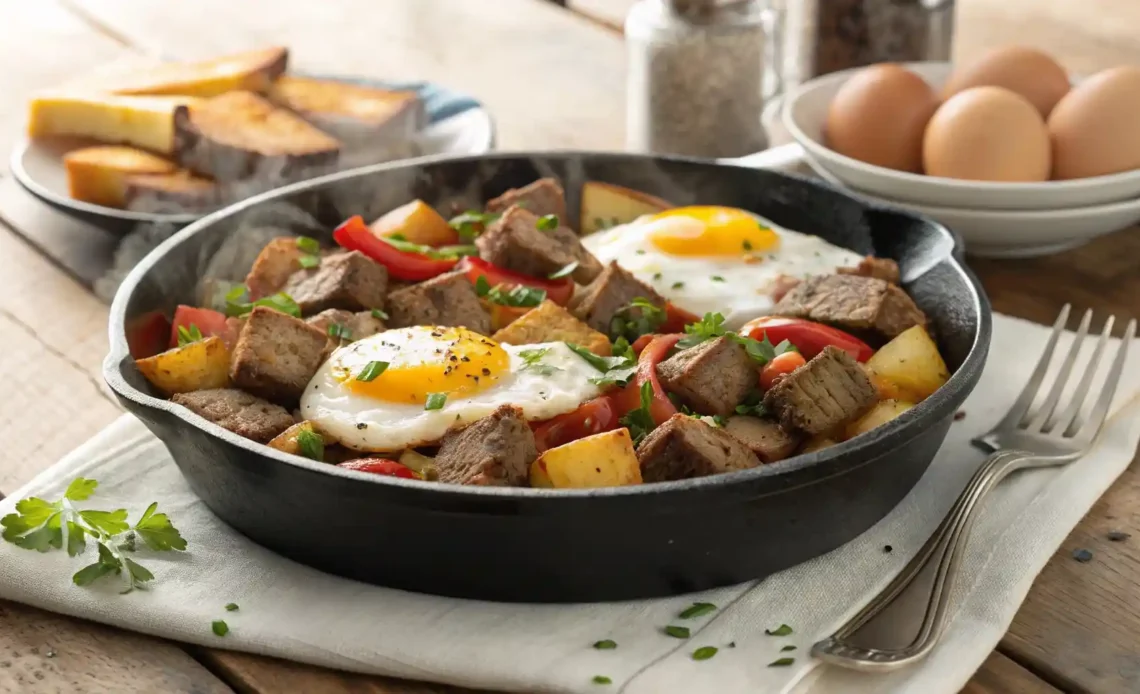 Steak potato and egg hash in a black cast iron skillet with sunny-side-up eggs, red bell peppers, and golden potatoes, served on a rustic wooden table.
