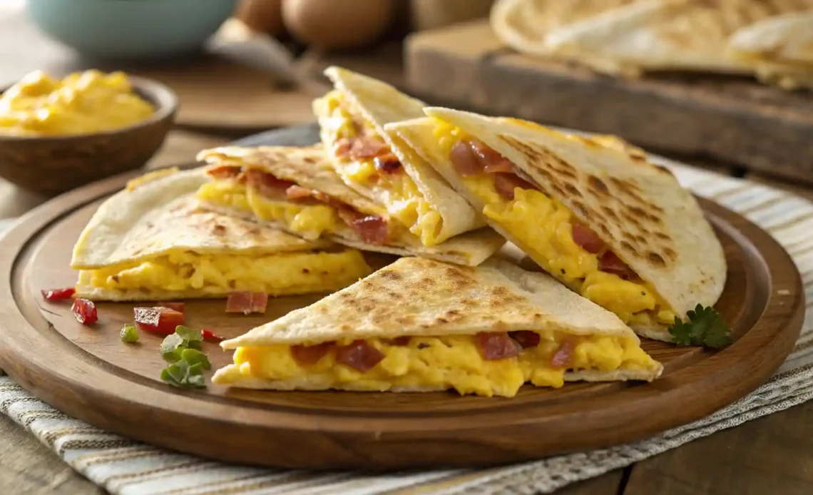 Homemade bacon egg cheese breakfast quesadillas stacked on a wooden plate with rustic kitchen styling.