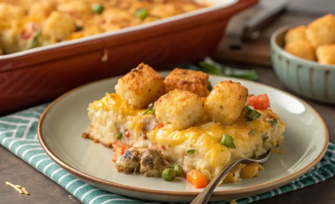 tater tot breakfast casserole served in seramic